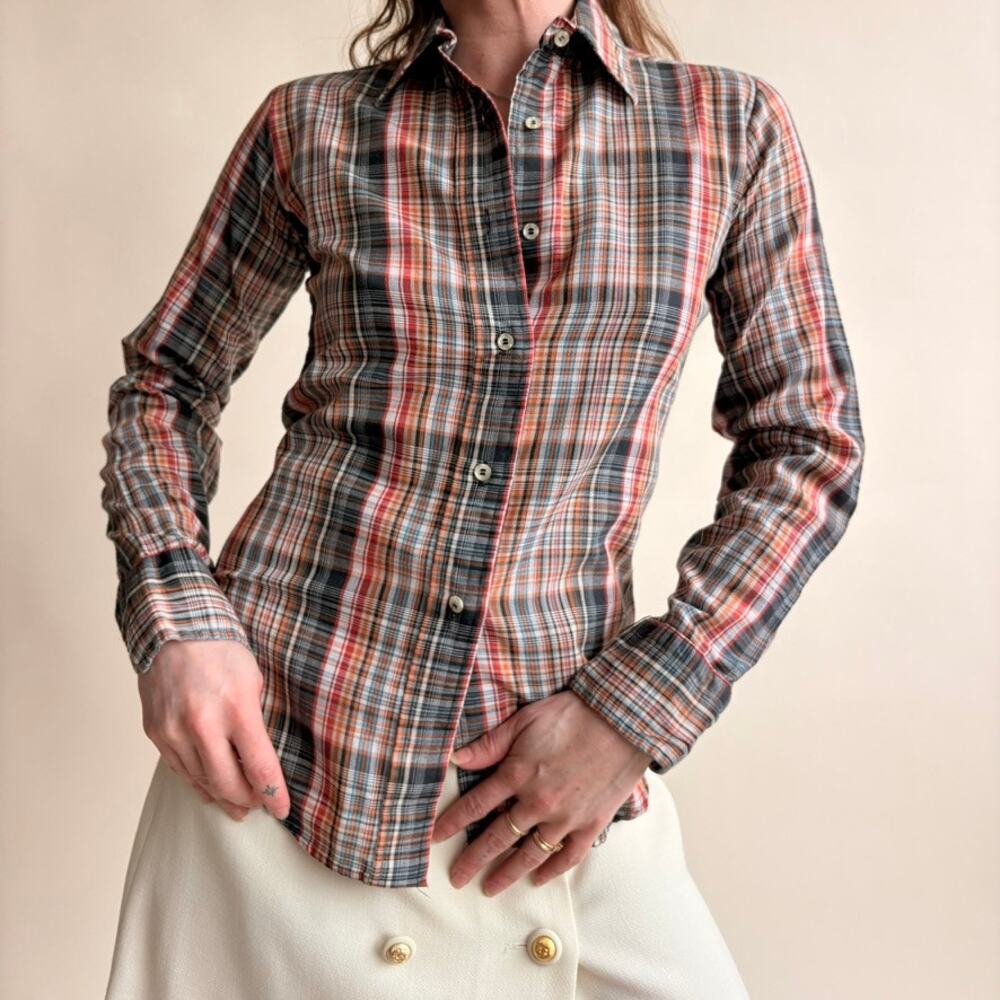 Theo Plaid Slim Long Sleeve Shirt - Orange/Grey/White Tartan, Size 6 (Fits XS)